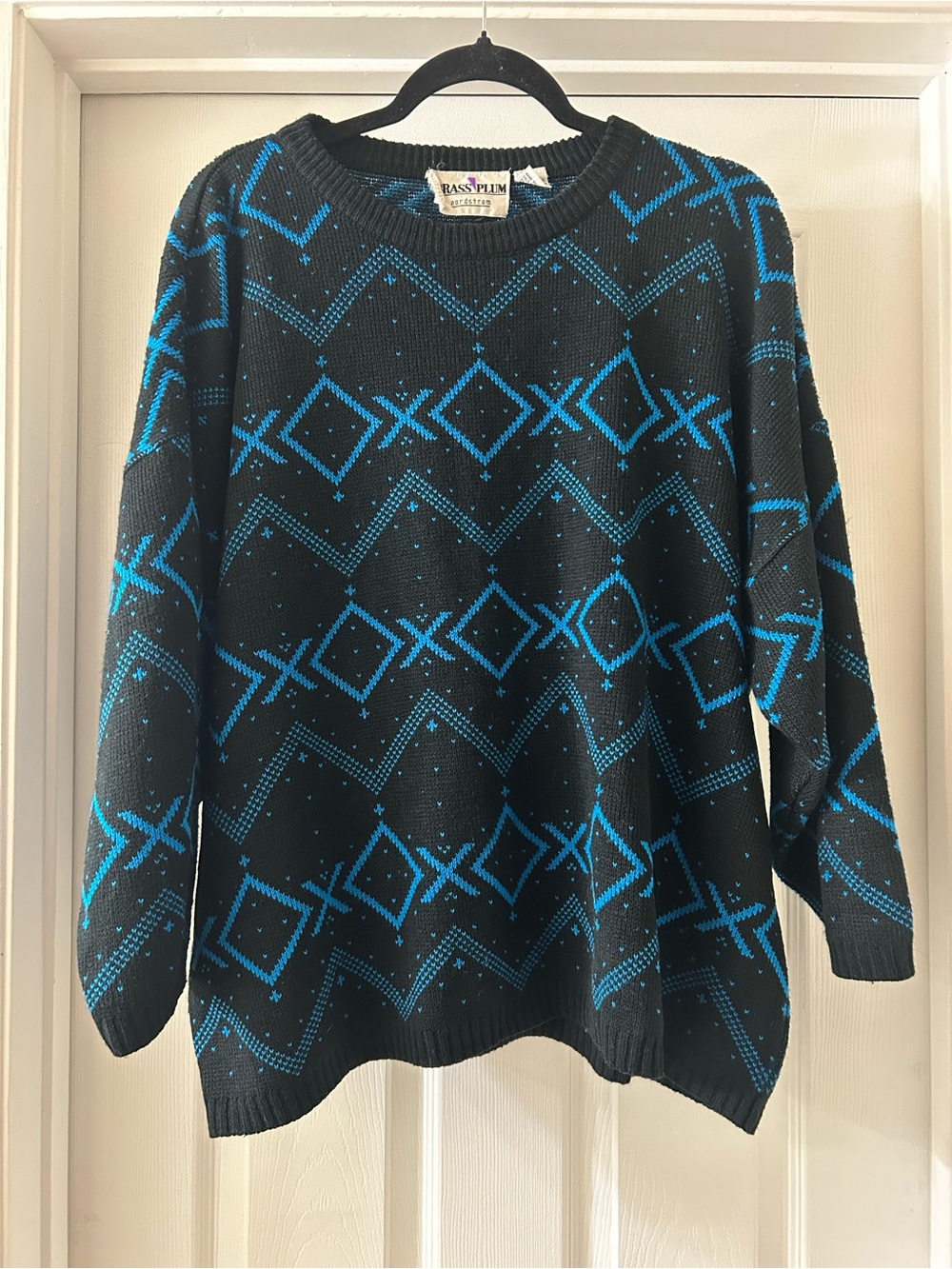 80s Vintage Brass Plum Black Crewneck Sweater Electric Blue Geometric Patter